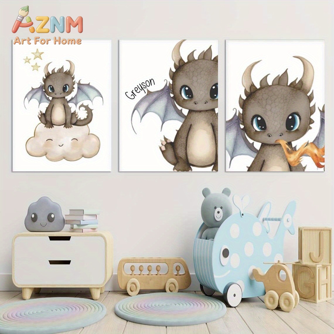 Baby Nursery Room - AZNM Cute Baby Dragon Canvas Wall
