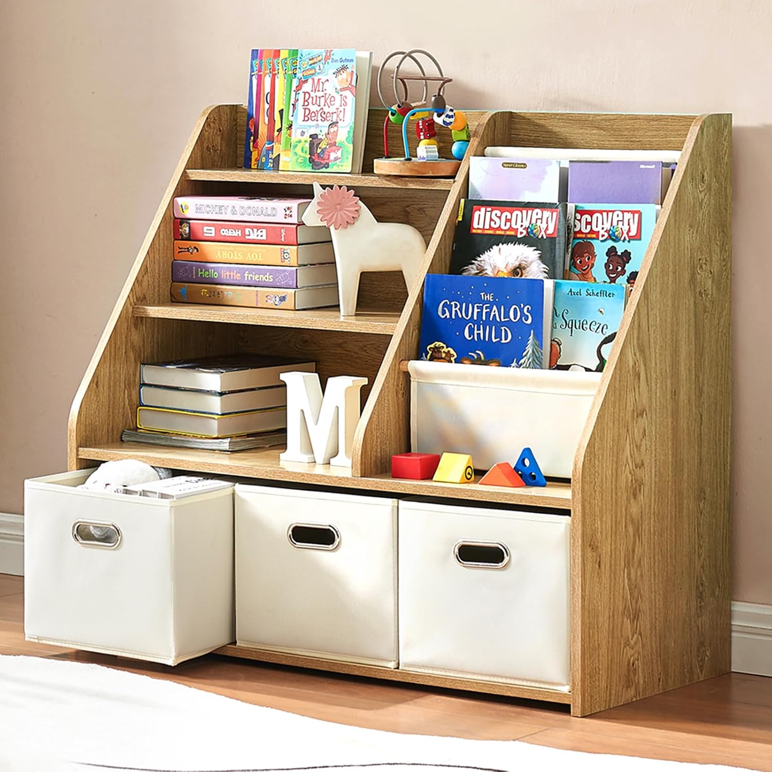 Baby Nursery Fabric - Montessori Wood Bookshelf & Toy Storage