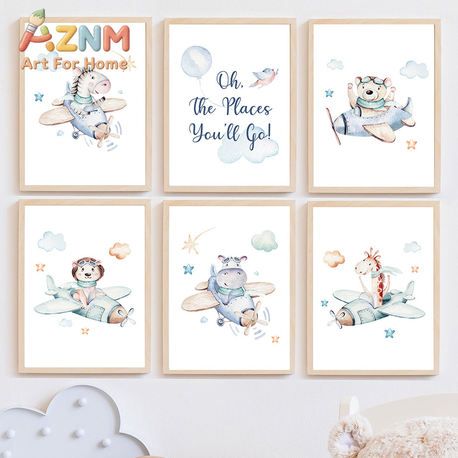 Baby Nursery Decor Boy - Zebra Giraffe Lion Bear Airplane Adventure