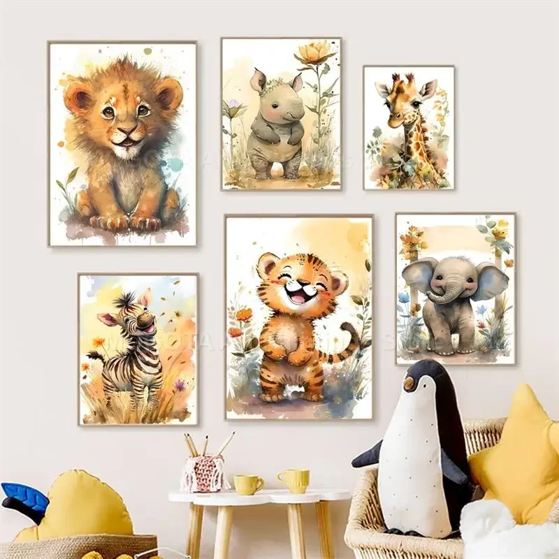 Baby Nursery Room - Watercolor Lion Giraffe Tiger Elephant Zebra