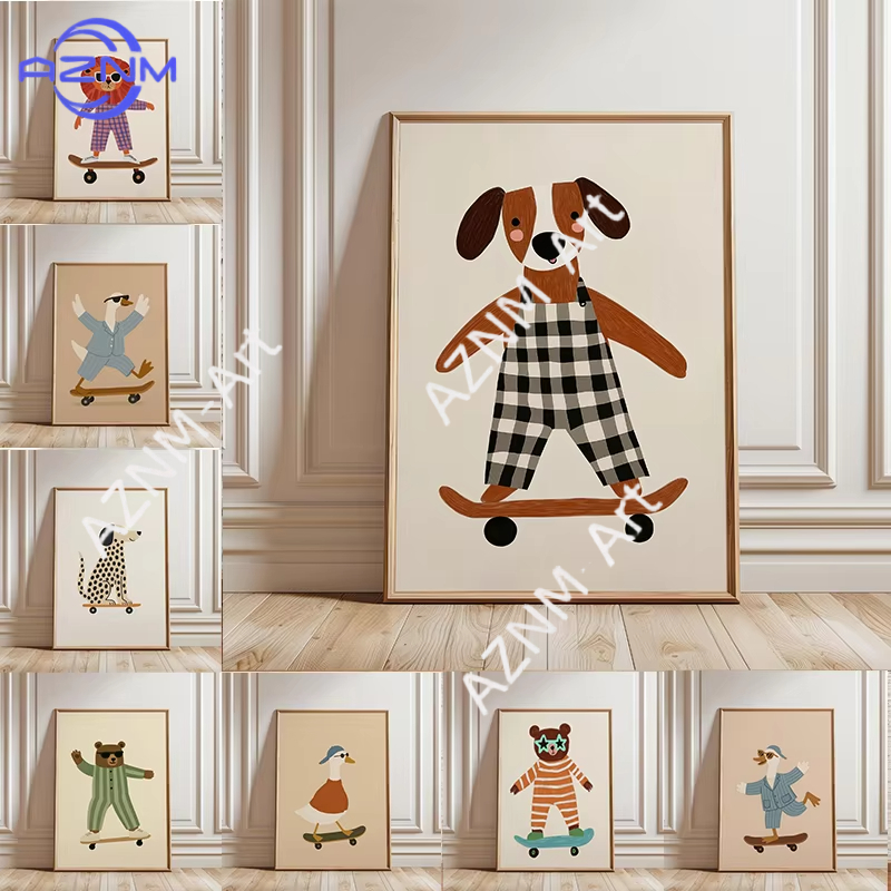 Baby Nursery Room - 1PC Funny Animal Skateboarding Poster Trendy