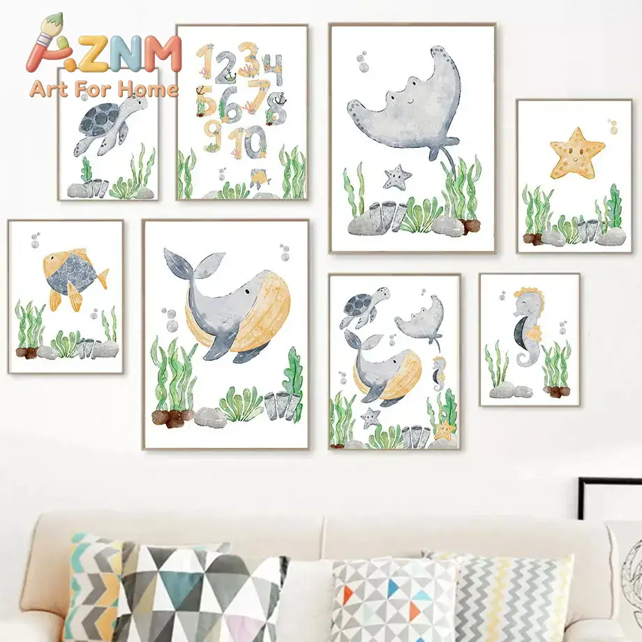 Baby Nursery Ocean - Devilfish Whale Seahorse Turtle Alphabet Ocean